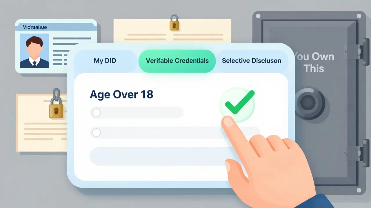 Digital wallet interface showing selective disclosure of age verification without revealing personal data.