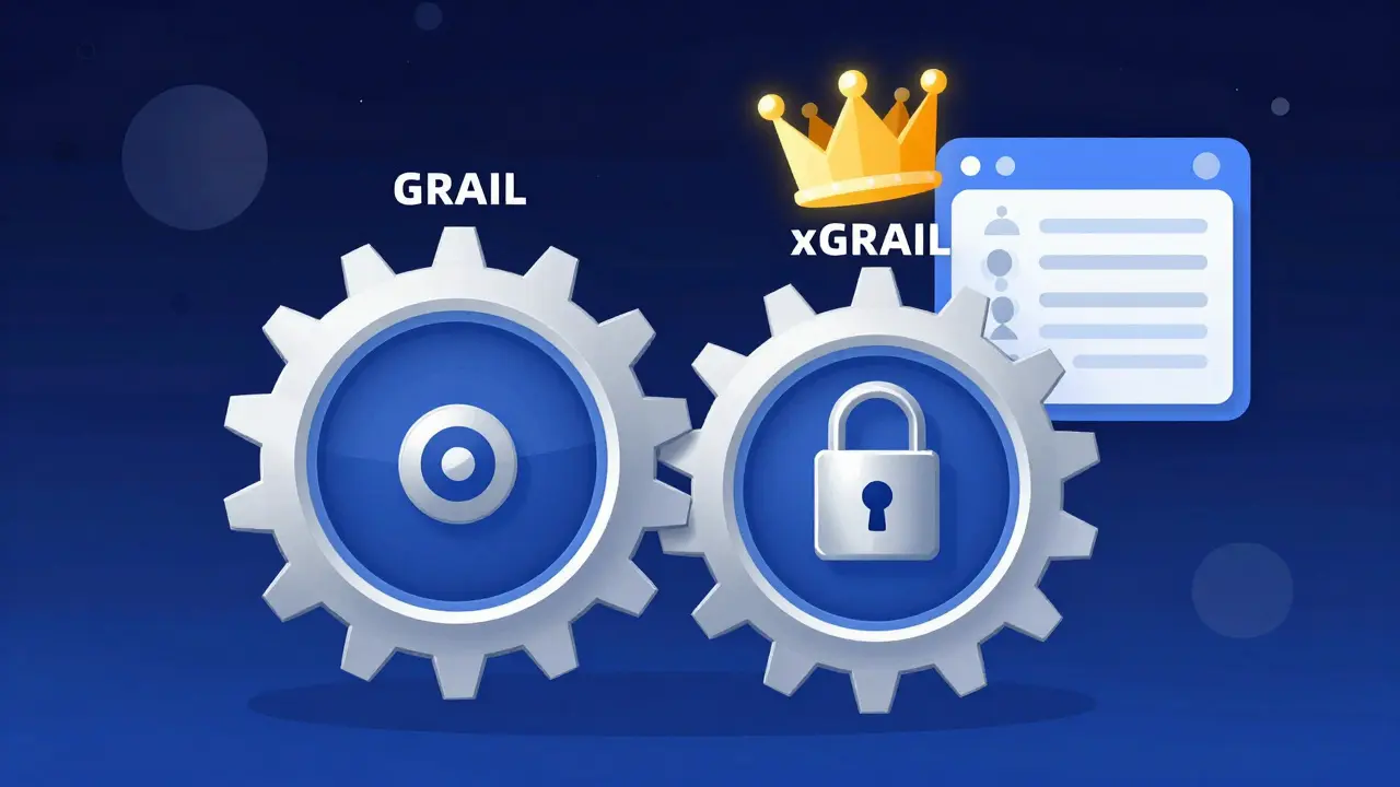 Dual-gear system showing GRAIL staking generating xGRAIL governance power with wallet icons in background.
