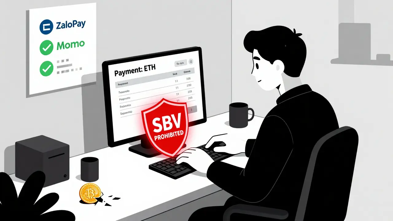 Freelancer receiving crypto payment warning while approved digital wallets glow safely on wall.