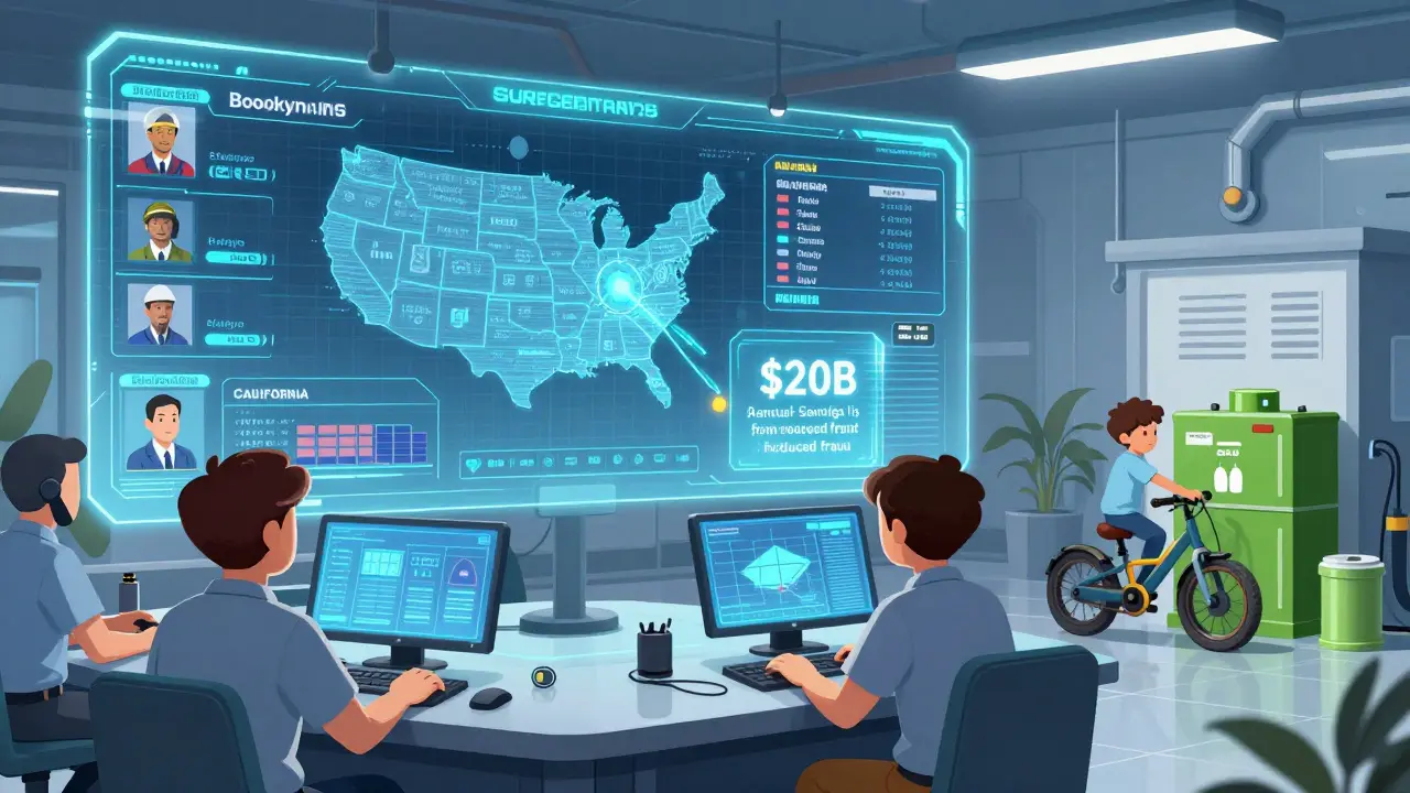 Futuristic control room with holograms showing real-time blockchain energy trades across the U.S. and global locations.