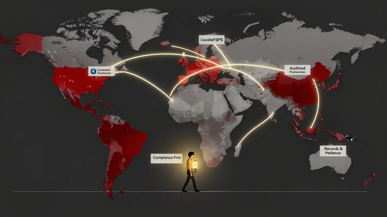Global map showing compliant crypto pathways through restricted regions.