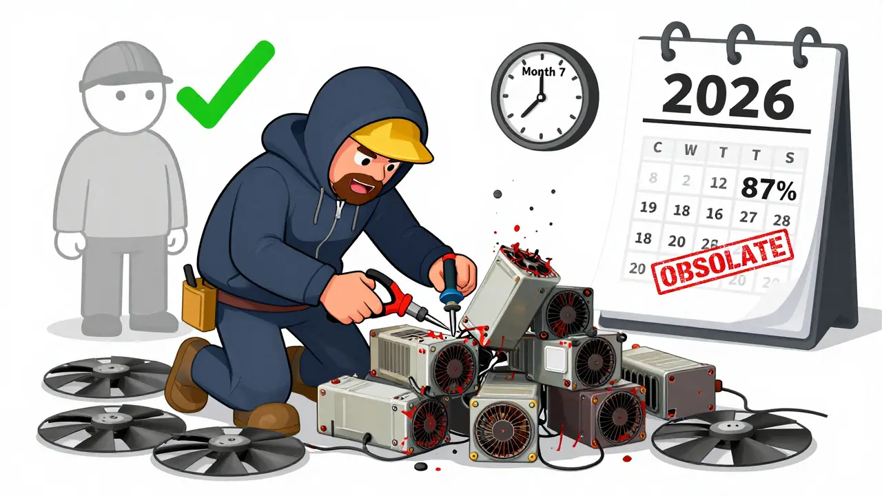 Miner repairing multiple failed S9 units with tools, surrounded by parts and a ticking clock