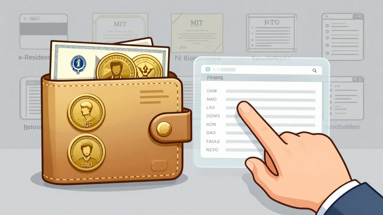 Modular NFT identity badges in a digital wallet, with blockchain ledger and zero-knowledge proof visualization.