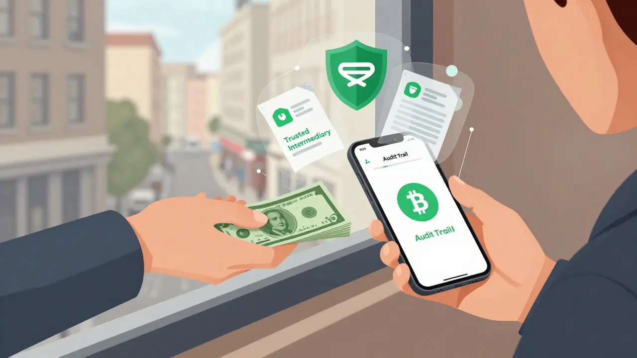 Peer-to-peer crypto trade with cash exchange and digital receipt logs visible.