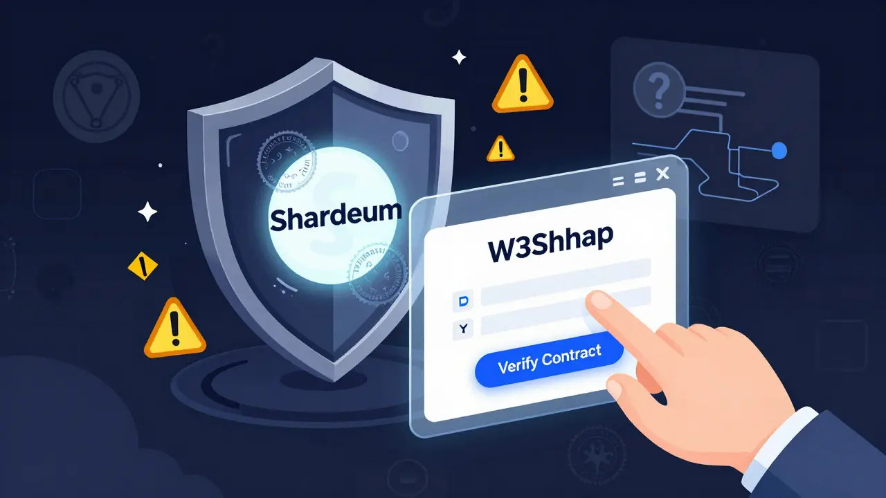 Secure Shardeum blockchain shield with audit stamps, W3Swap interface in front, warning icons fading away.