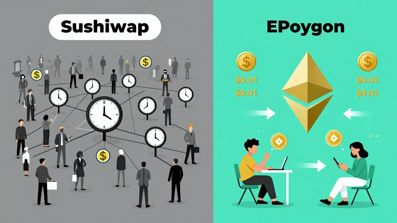 Side-by-side comparison of slow, expensive Ethereum vs. fast, cheap Polygon for SushiSwap transactions, with fee and speed icons.