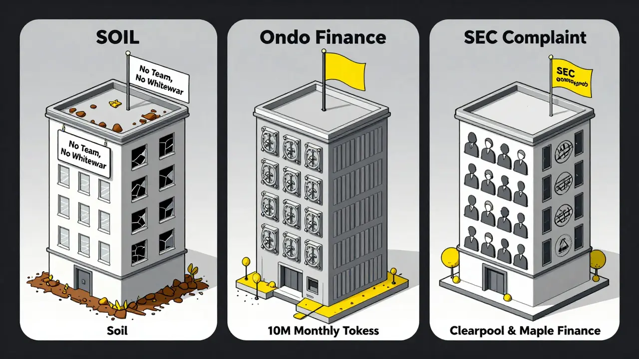 Soil’s crumbling building compared to solid RWA projects with audits, teams, and compliance labels.