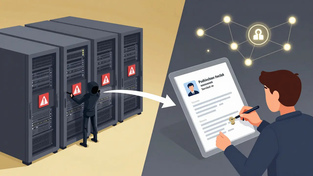 Split illustration comparing hacked centralized servers to a user securely sharing a verified credential via blockchain.