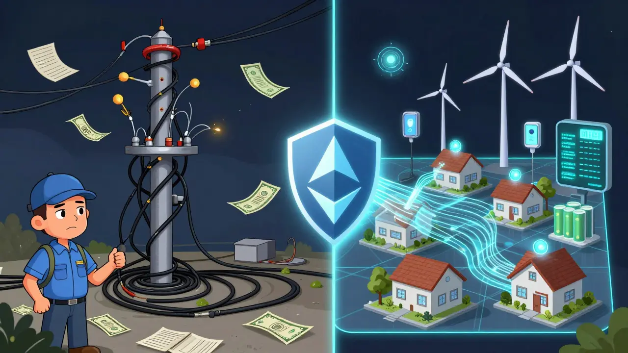 Split illustration comparing outdated centralized energy systems with clean, decentralized blockchain-powered grids.