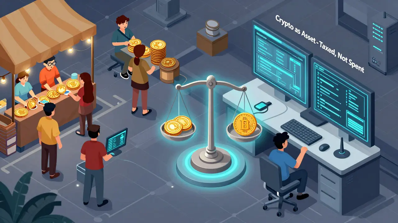 Split scene: people trading crypto for cash vs government monitoring system with asset vs payment balance.