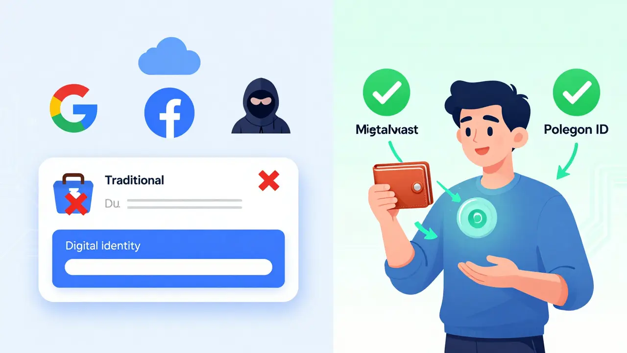Split-screen comparison: centralized logins with hackers vs. NFT identity with secure blockchain connections.