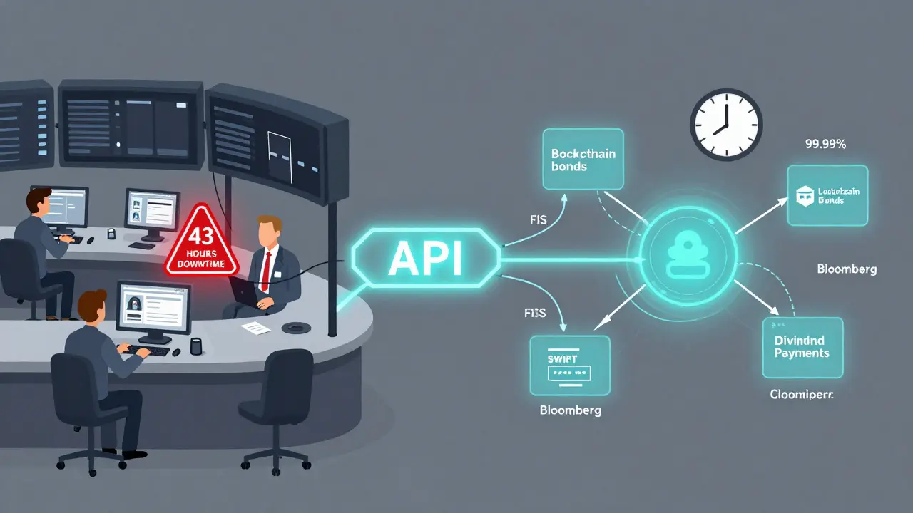 Split-screen showing traditional finance systems integrating with a compliant blockchain network via API connections.