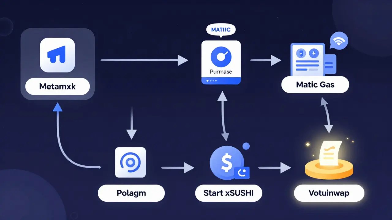 Step-by-step user journey on SushiSwap on Polygon: connecting wallet, swapping tokens, staking SUSHI, and voting on governance.