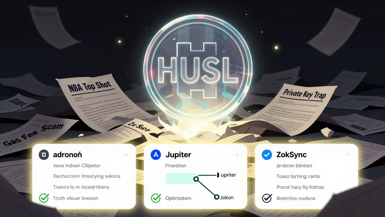 The HUSL token fades beside real airdrop projects, surrounded by scam debris.