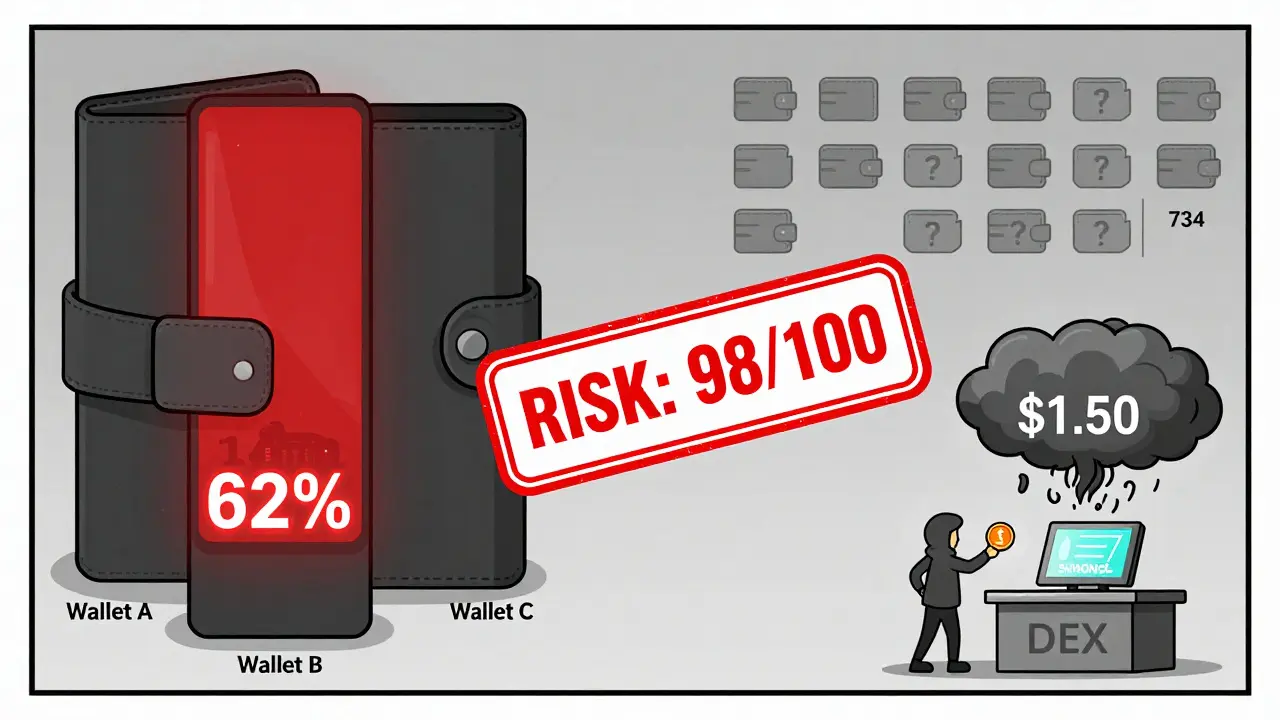 Three giant wallets hold 62% of SHONG tokens while hundreds of empty wallets and a trader paying high gas fees are shown in a split technical illustration.