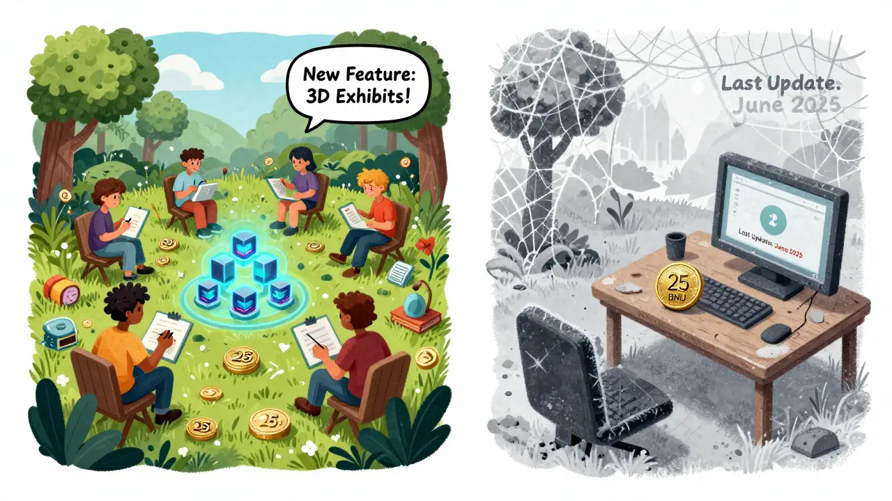 Two side-by-side scenes: one thriving with active crypto features, the other frozen and covered in dust.