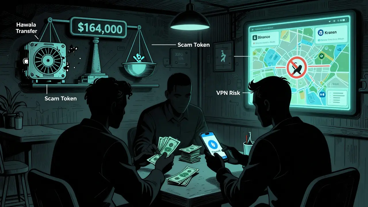 Underground crypto traders exchanging cash for a fake token in a dim café with blocked exchanges shown on a map.