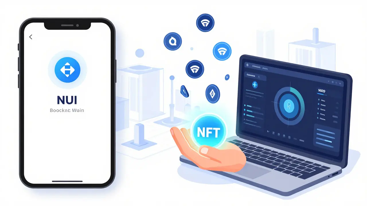 User earning MOVE tokens through trading on mobile and desktop NFT interfaces.