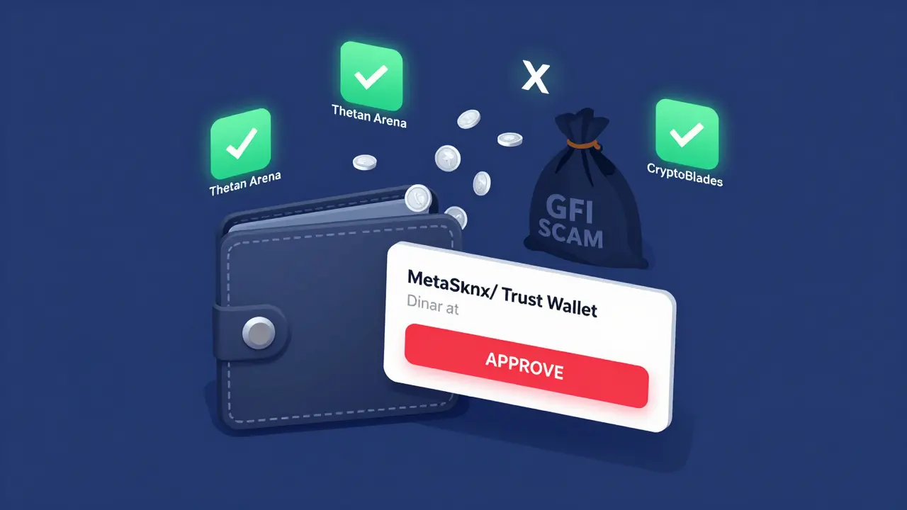 Wallet being drained by scammer while real GameFi projects glow safely nearby
