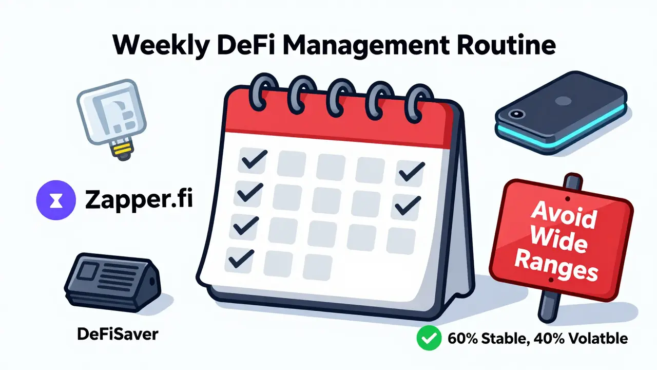 Weekly DeFi management routine with tools, hardware wallet, and risk-reward balance indicators.
