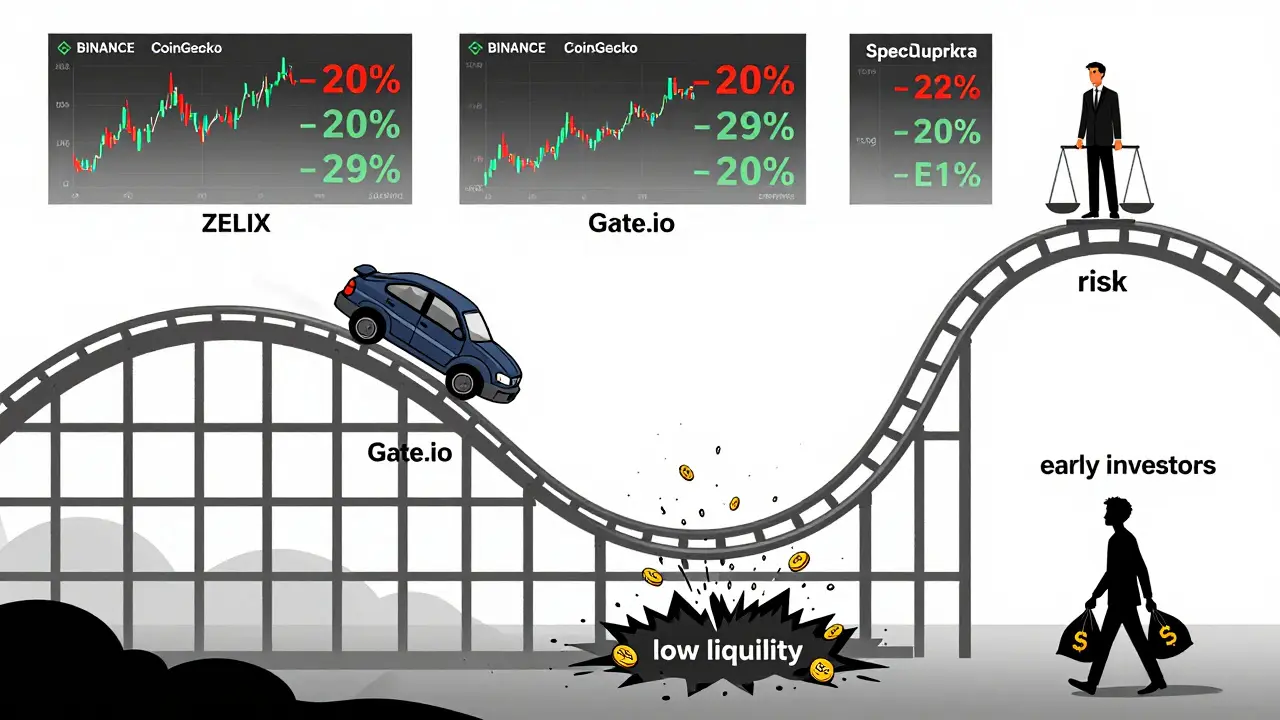 A chaotic trading chart with no tracks, one car jumping from a single trade, and three price feeds showing wildly different values.