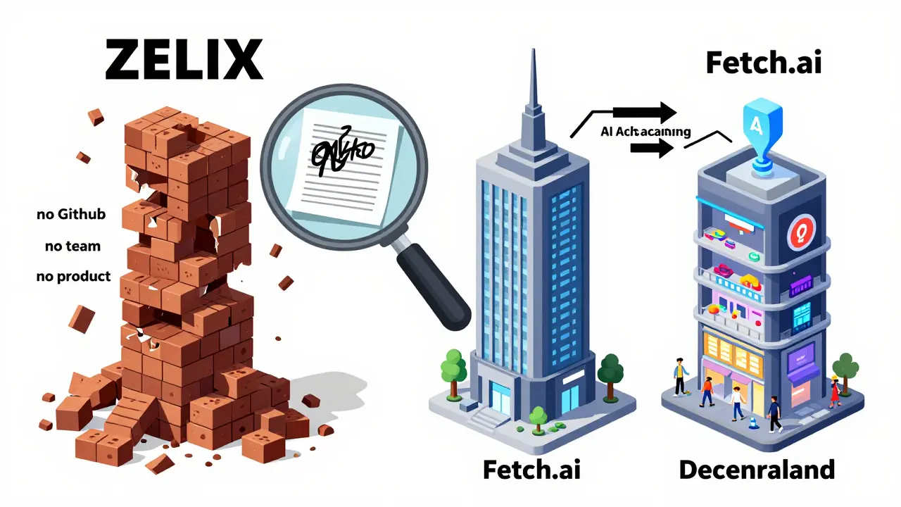 A crumbling ZELIX tower next to two stable crypto projects, with a magnifying glass revealing 'ONSTON' underneath a blank whitepaper.