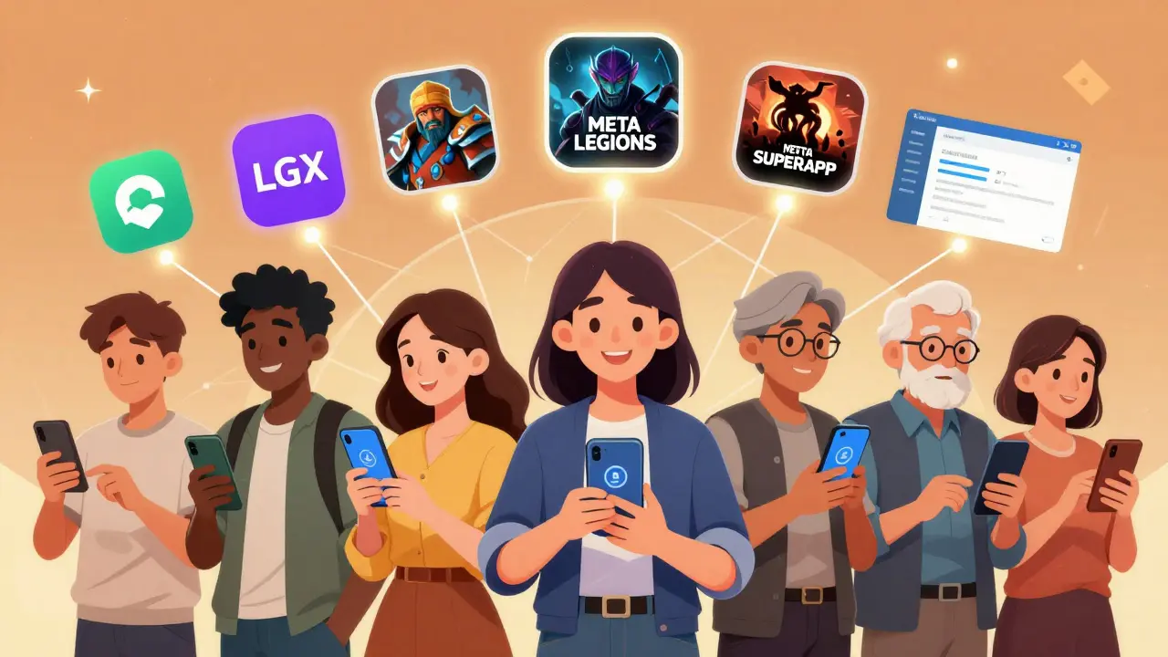 A diverse group of people using smartphones to claim LGX tokens, with NFTs and game icons surrounding them.