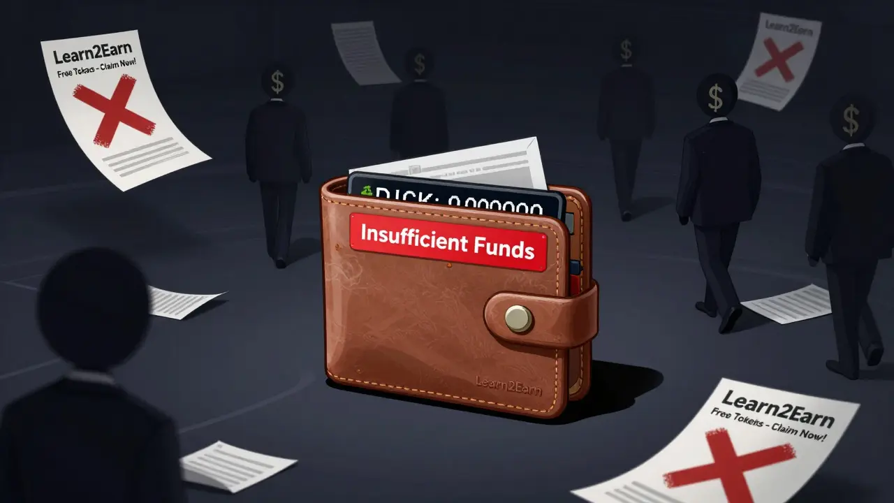 A forgotten wallet on a blockchain interface showing zero balance, with shadowy figures walking away.