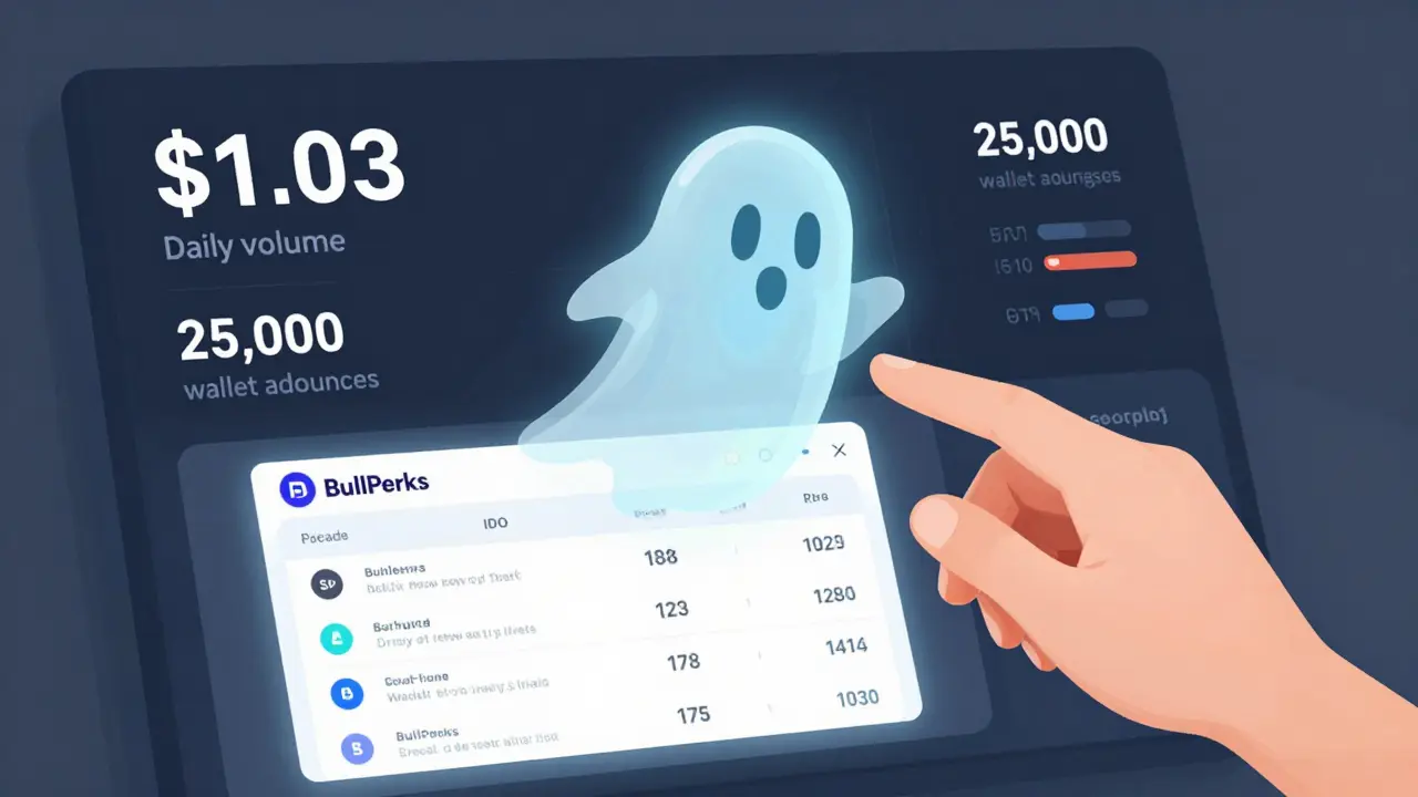 A ghostly BLP token hovers over a low-volume dashboard as BullPerks operates without it.
