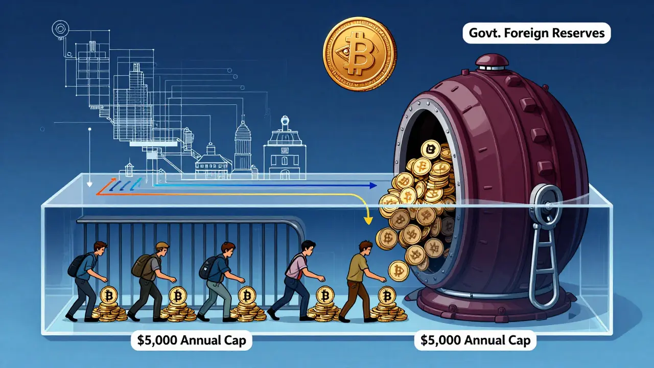 A schematic of Iran's economy showing citizens restricted by a ,000 crypto cap while miners feed Bitcoin to state reserves.