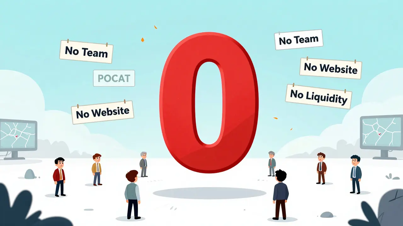 A tiny POCAT token floats in an empty Solana blockchain landscape with zero-volume warnings.