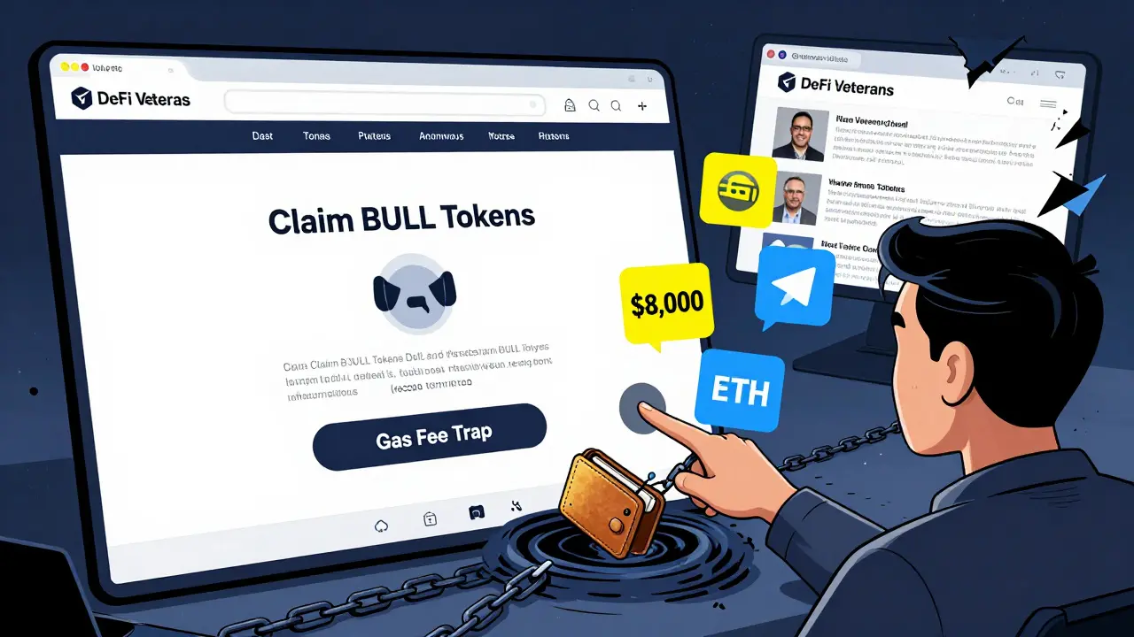 A user clicking a phishing claim button while their funds are drained into a dark vortex, with anonymous team icons and lost money floating nearby.