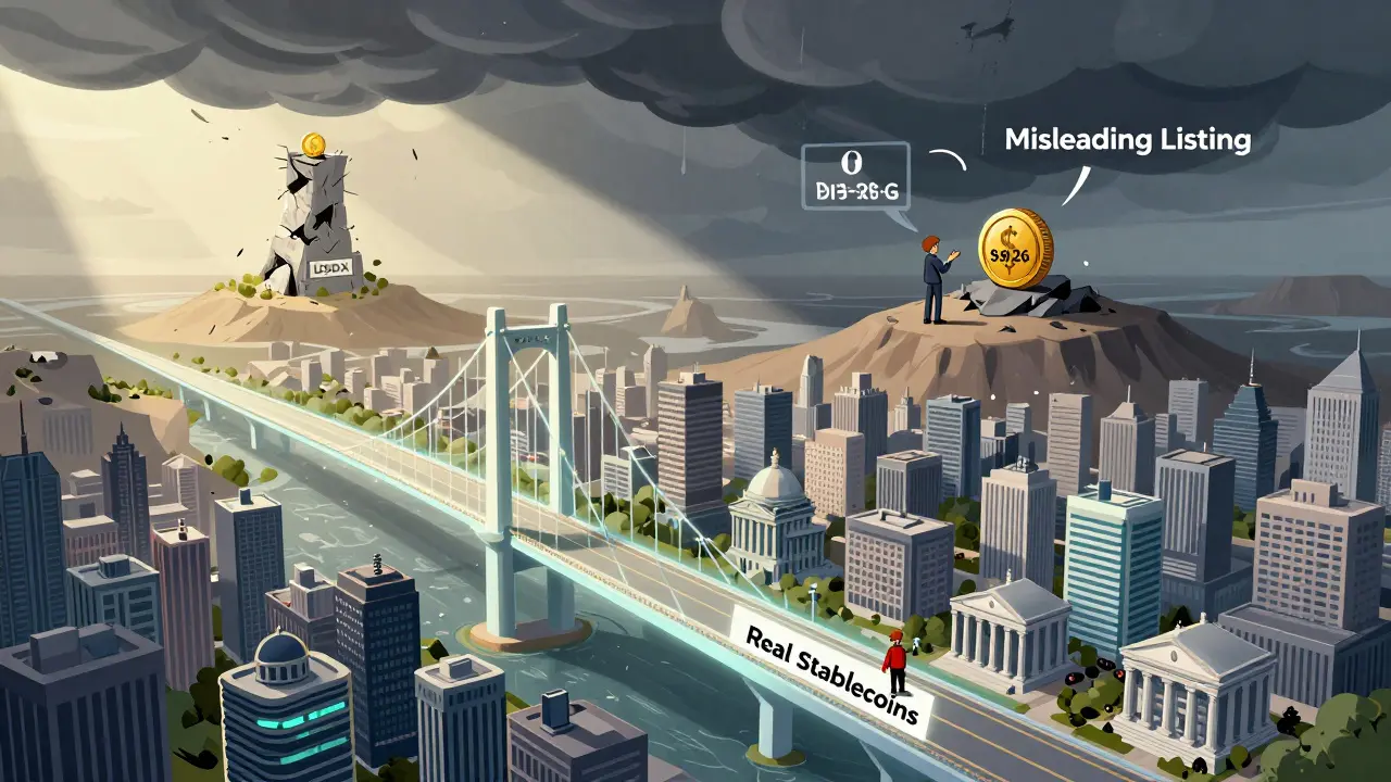 A vast financial landscape showing a thriving stablecoin ecosystem versus a lone, abandoned USDX tower in a barren wasteland.