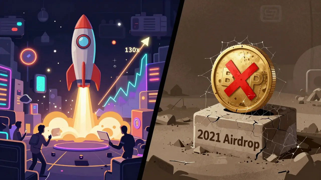 A vibrant crypto launchpad thrives on the left while a forgotten BLP token decays on the right.