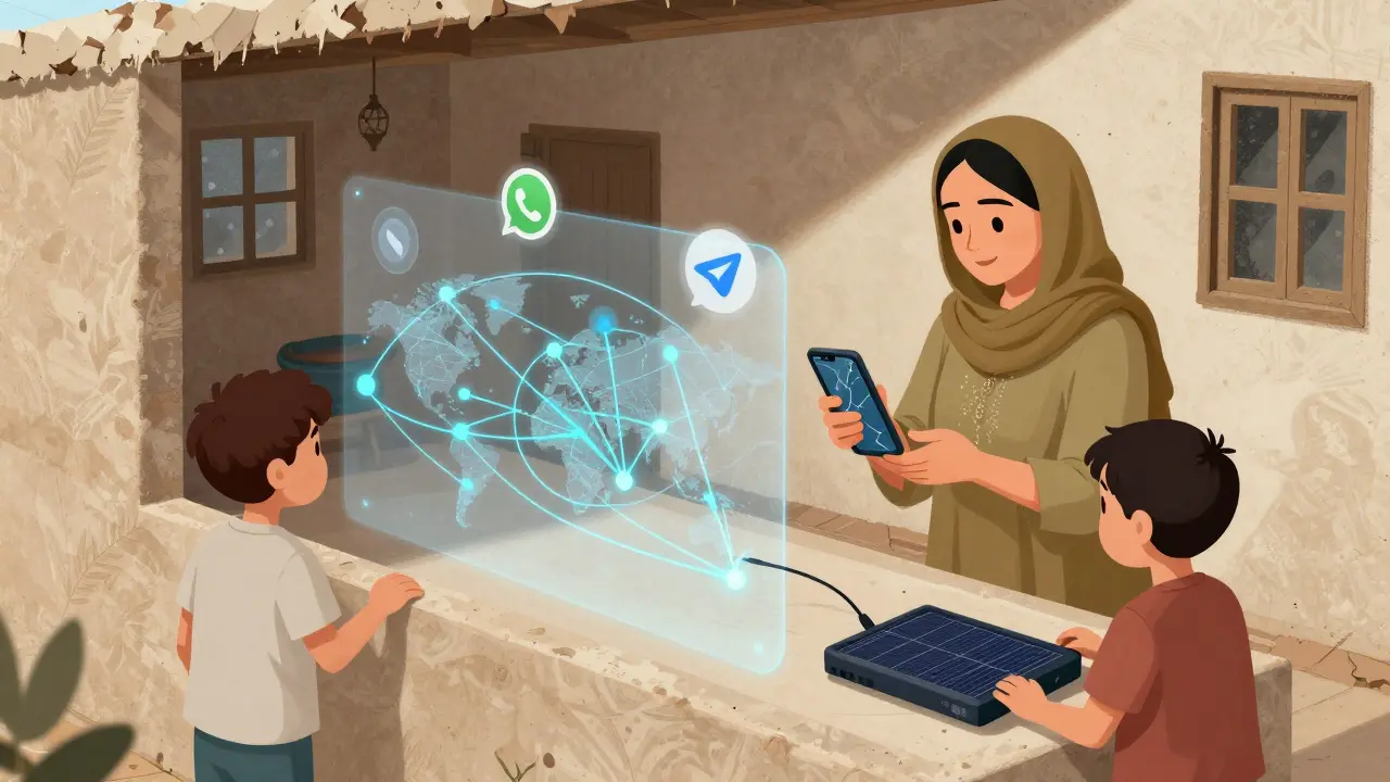 A woman in a rural Pakistani home receives crypto payment via SMS on a cracked phone, with solar charging and global node connections visible.
