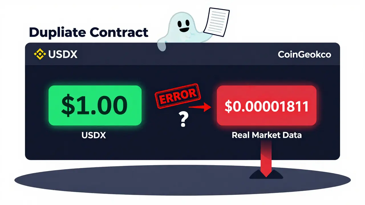 An exchange dashboard showing conflicting USDX prices: .00 vs <h2>Why USDX isn’t a stablecoin</h2>.00001811, with clear indicators of data error and real market truth.