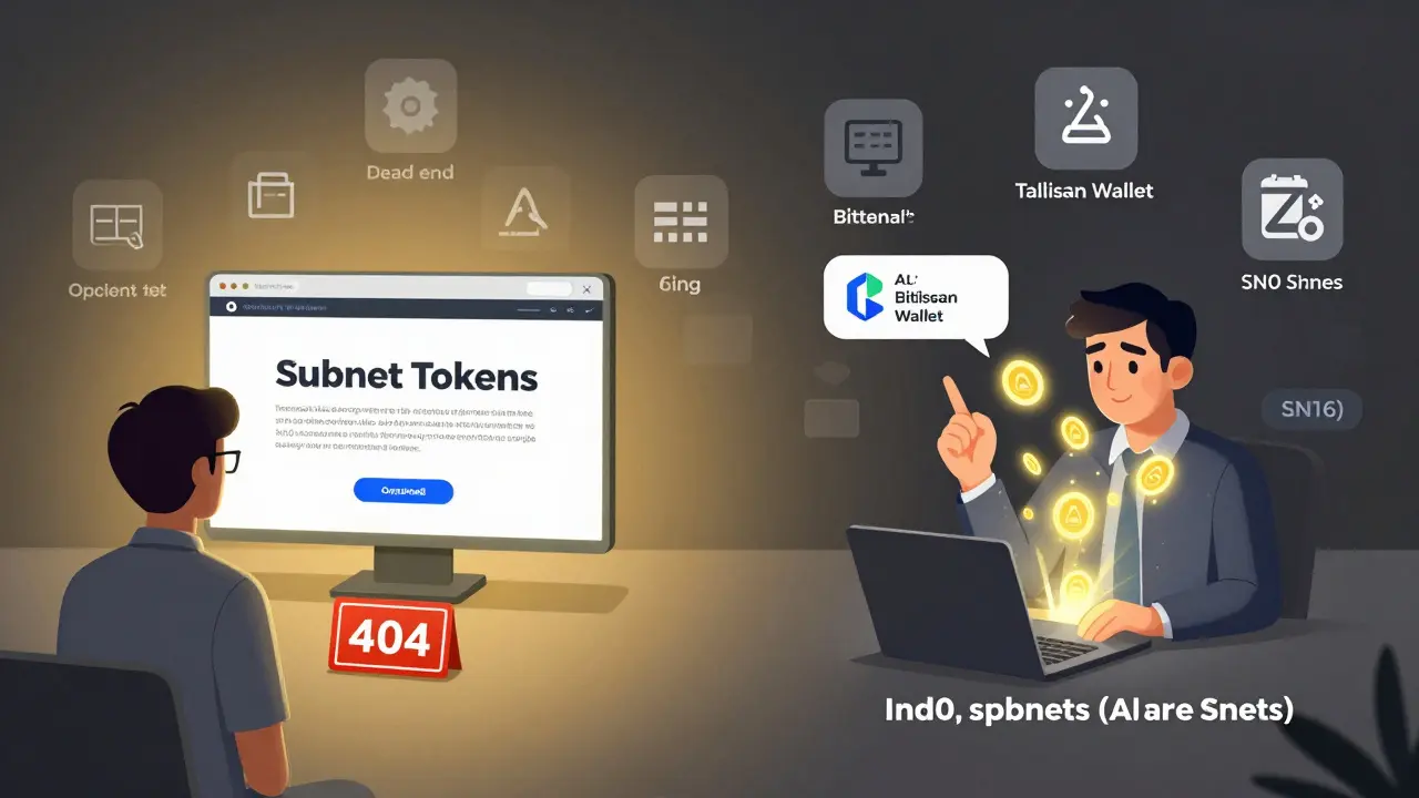 An investor confused by a fake 'Subnet Tokens' site versus a correct path staking TAO through a Substrate wallet into AI subnets.