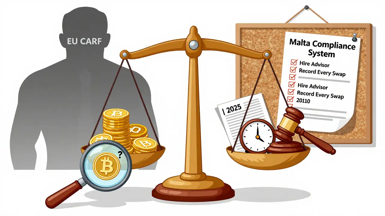 Balance scale with crypto vs. tax regulations, EU CARF shadow, and checklist for Malta compliance.