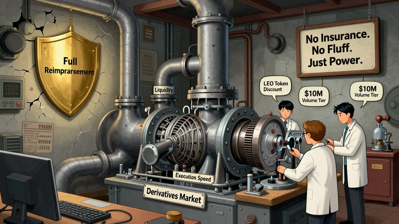 Bitfinex as an engine room with liquidity pipes, LEO discount dials, and a shield marking full reimbursement after 2016 hack.