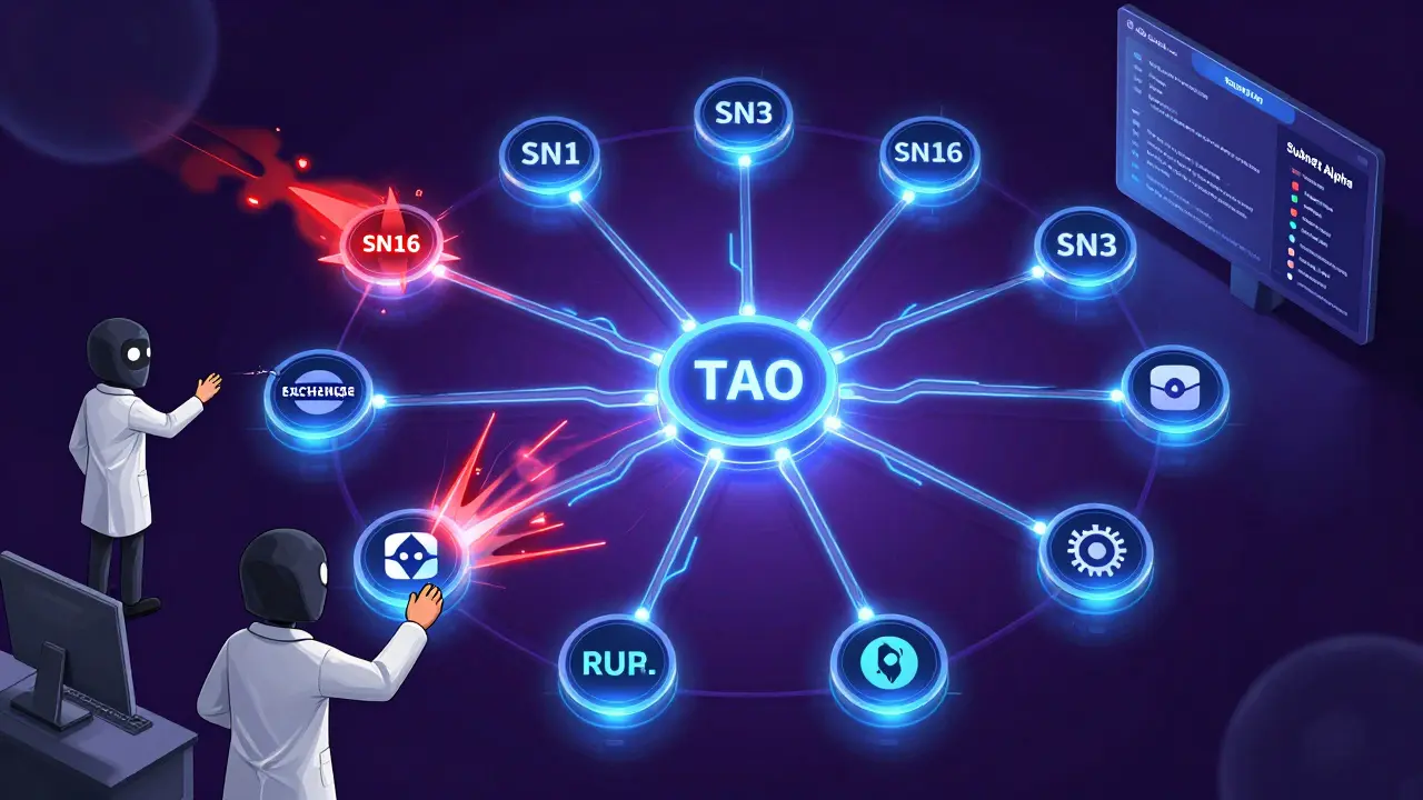 Bittensor's neural network of subnet tokens with scammers failing to inject fake exchange logos, and Subnet Alpha dashboard in corner.