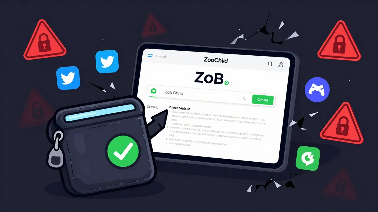 BNB Chain wallet connected to official ZooCW site, with scam sites destroyed in background and verified access icons nearby.