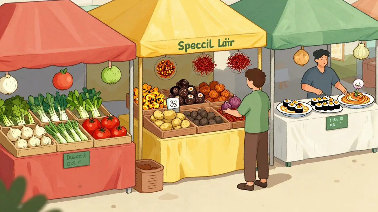Bustling market with three stalls trading vegetables, rare ingredients, and dishes