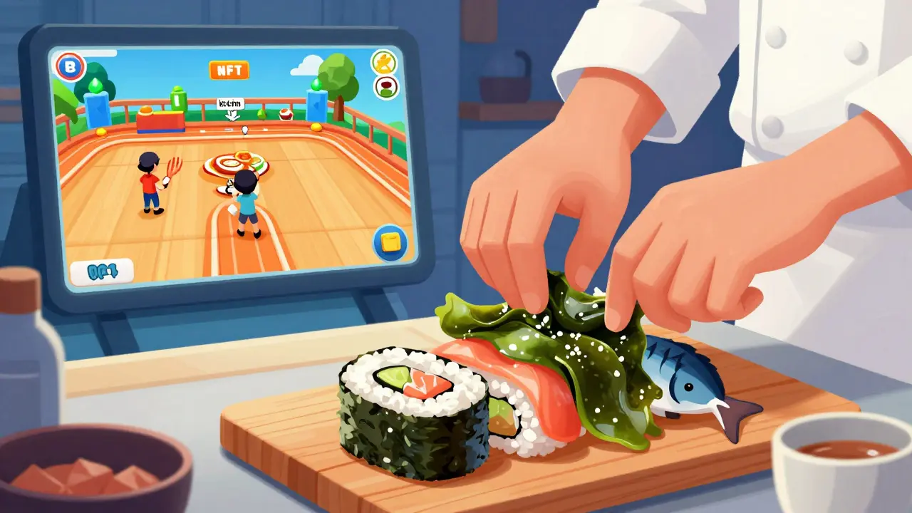 Chef combining NFT ingredients into sushi, background mini-game race