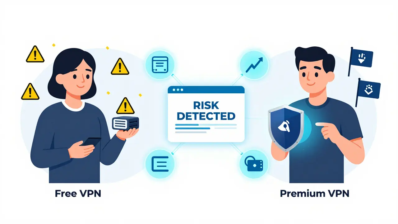 Comparison of free vs premium VPN use with behavioral detection flags triggering on login patterns and wallet history.