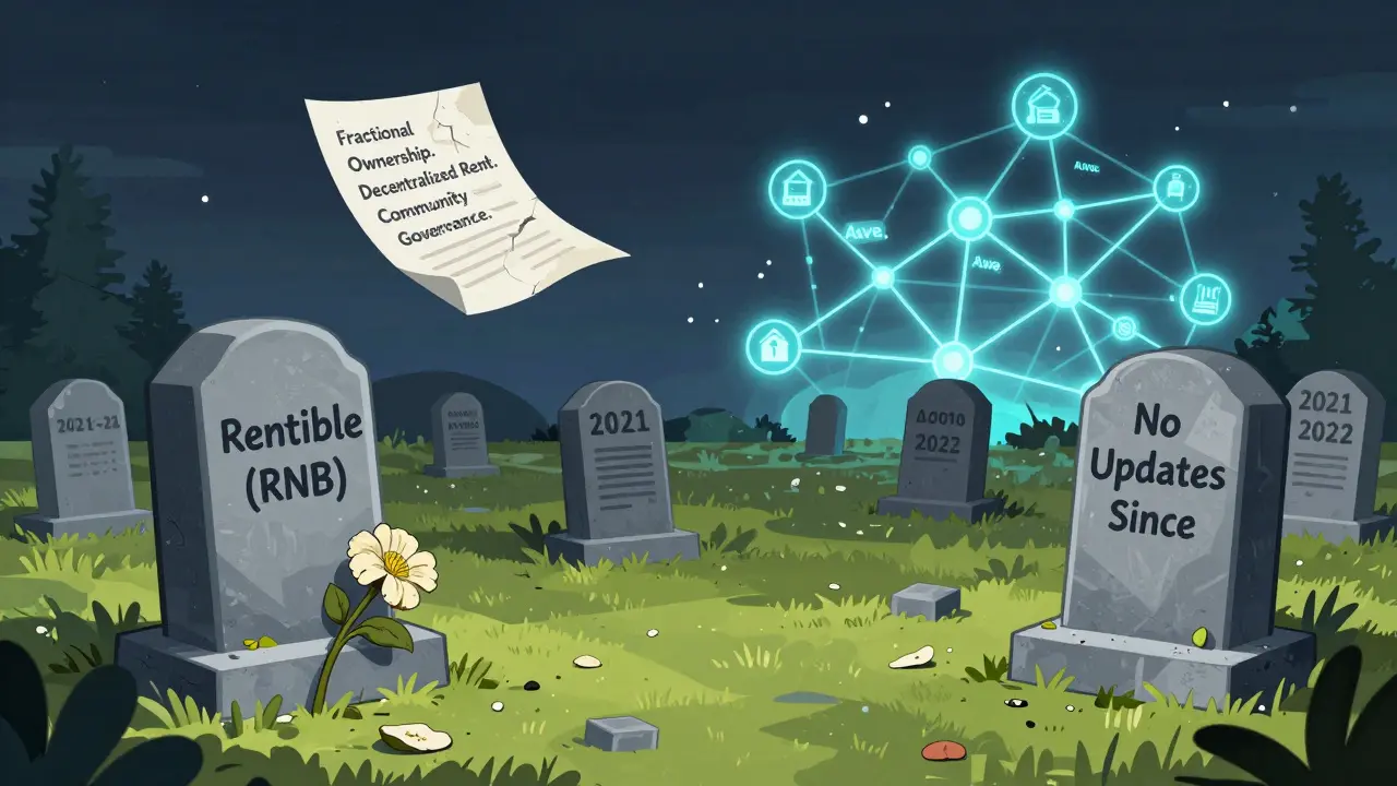 Crypto graveyard with a tombstone for Rentible RNB, overshadowed by active blockchain projects.