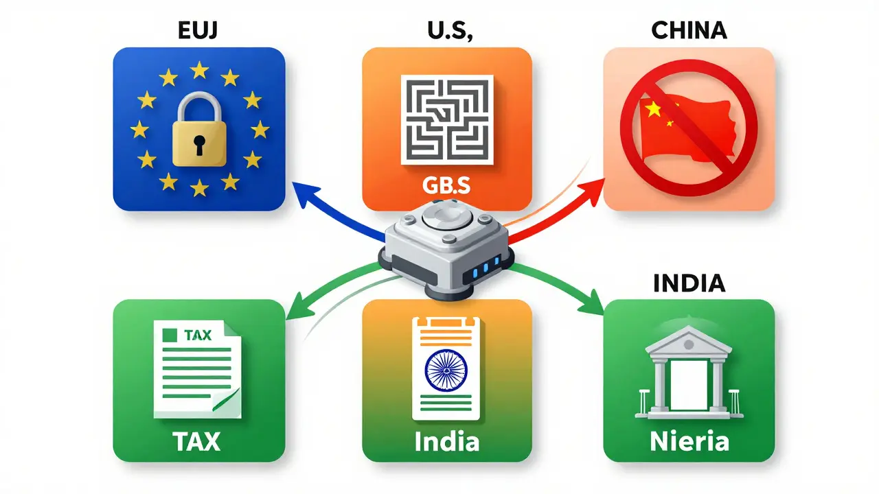 Five regional blockchain zones with distinct legal symbols: EU lock, U.S. maze, China ban, India tax, Nigeria unstable bank bridge.