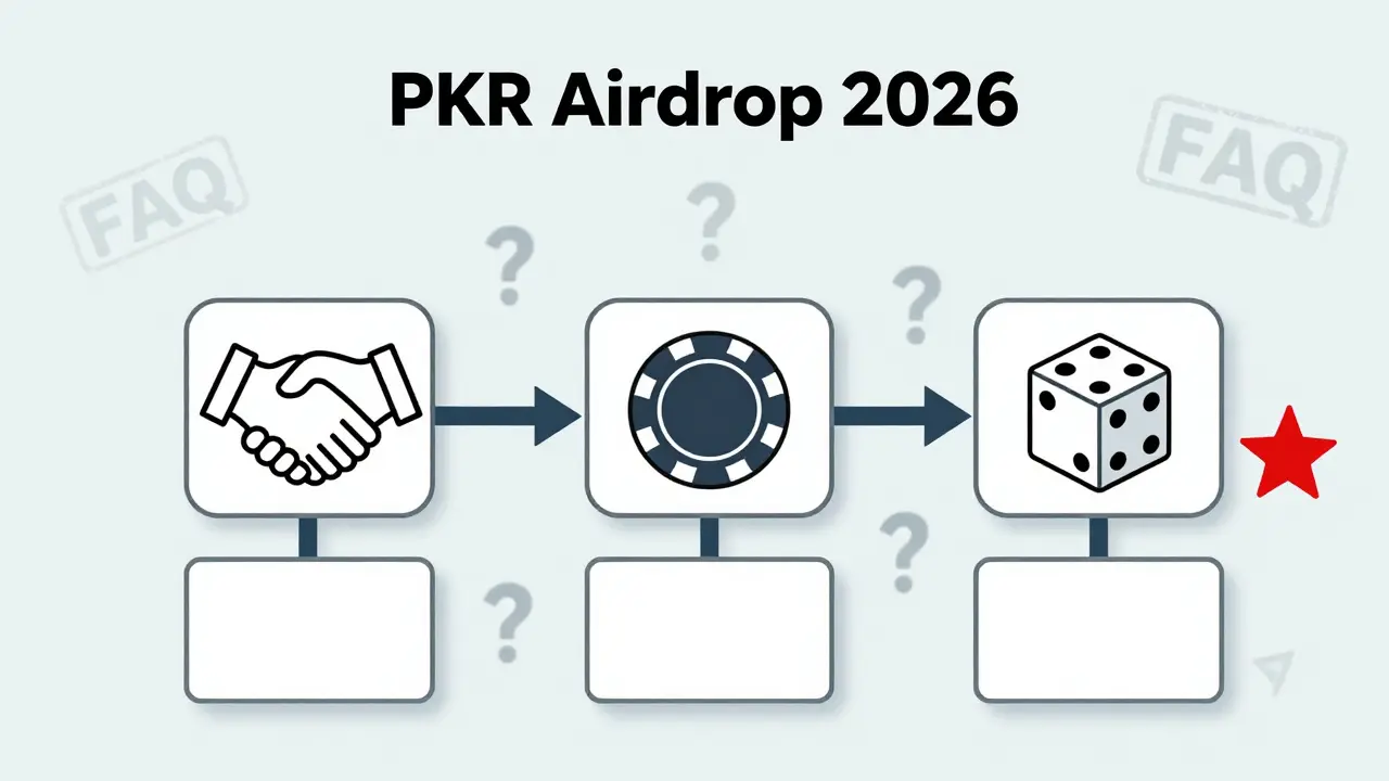 Fragmented roadmap with blurred arrows pointing to referral, NFT, and dice icons, surrounded by question marks and a faded 'FAQ' stamp.