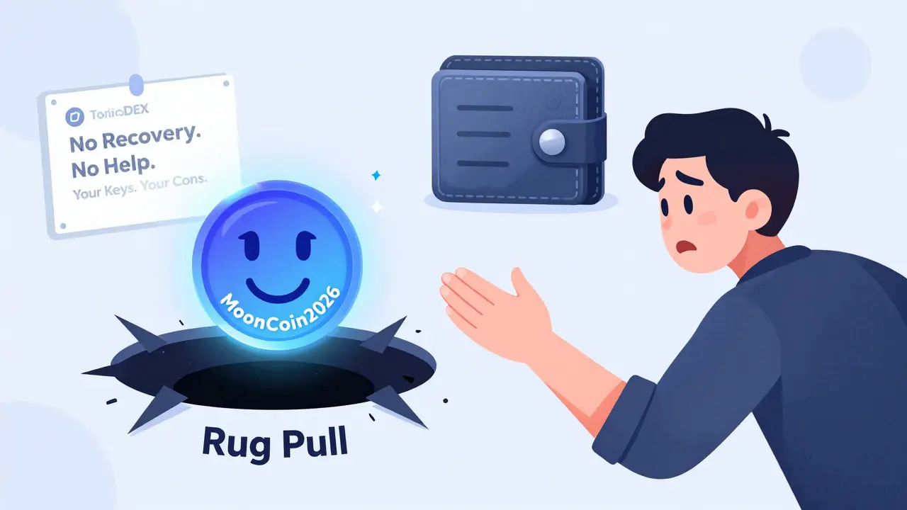Rug pull scam on TonicDEX with flashing token being sucked into a black hole.