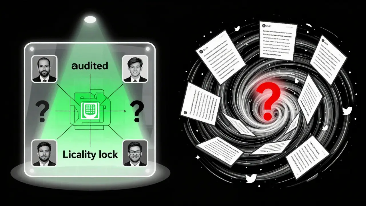 Side-by-side comparison of a transparent, audited DeFi project versus Bull Finance’s opaque, suspicious contract with bot-filled social feeds.