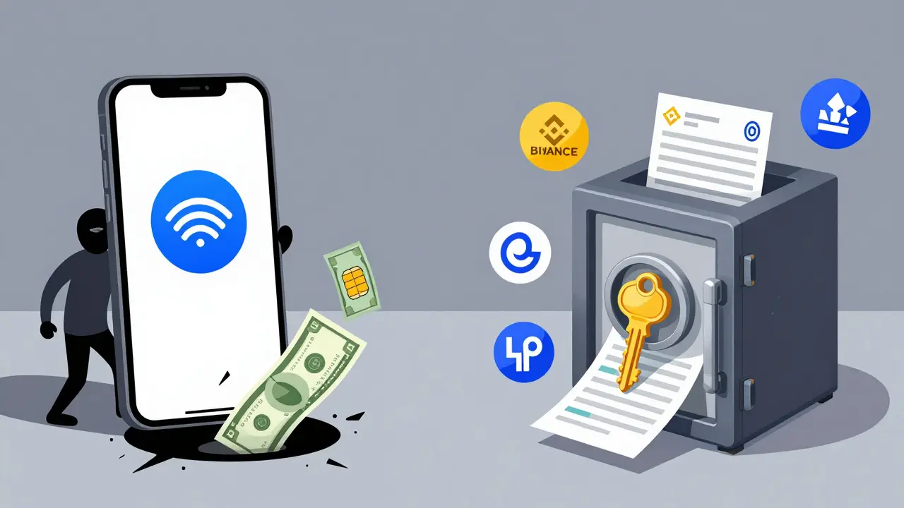 Side-by-side comparison of risky SMS 2FA vs secure authenticator app with recovery codes in a safe.
